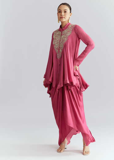Pink Chinon Indo Western Set With Zardosi Work