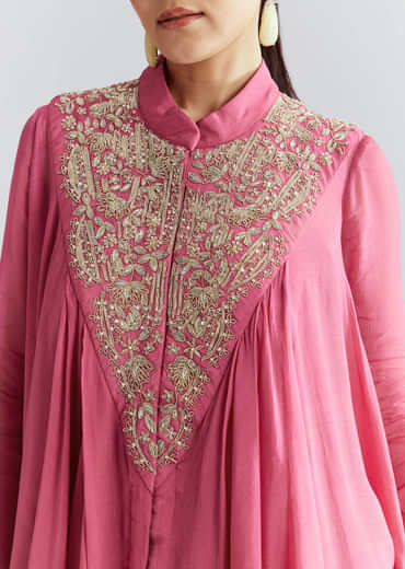 Pink Chinon Indo Western Set With Zardosi Work