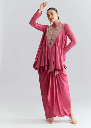Pink Chinon Indo Western Set With Zardosi Work