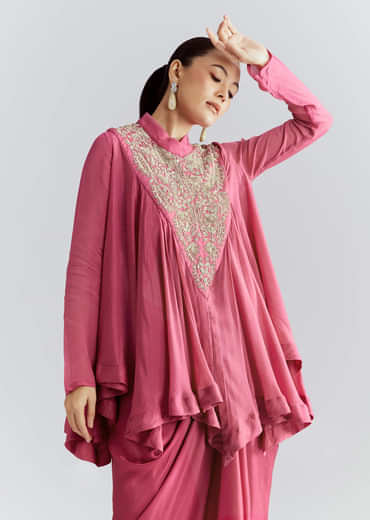 Pink Chinon Indo Western Set With Zardosi Work
