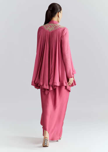 Pink Chinon Indo Western Set With Zardosi Work