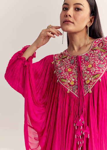 Pink Chinon Kaftan Kurta Set With Zardosi And Thread Work