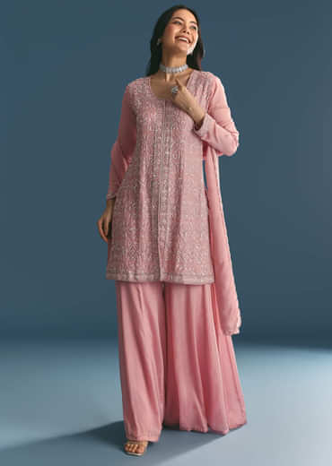 Pink Chinon Kurta Palazzo Suit With Cutdana And Sequins