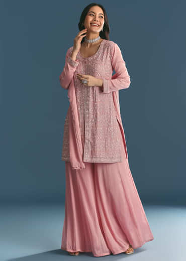 Pink Chinon Kurta Palazzo Suit With Cutdana And Sequins