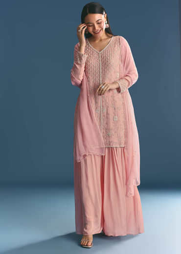 Pink Chinon Kurta Palazzo Suit With Moti And Cut Dana Work