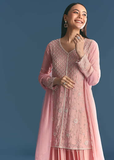 Pink Chinon Kurta Palazzo Suit With Moti And Cut Dana Work