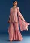 Pink Chinon Kurta Set With Choker Style Dupatta