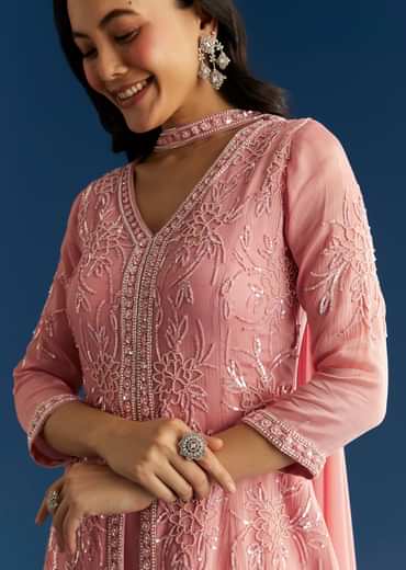 Pink Chinon Kurta Set With Choker Style Dupatta