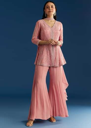 Pink Chinon Kurta Set With Choker Style Dupatta