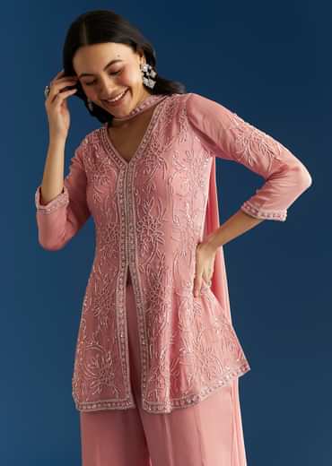 Pink Chinon Kurta Set With Choker Style Dupatta
