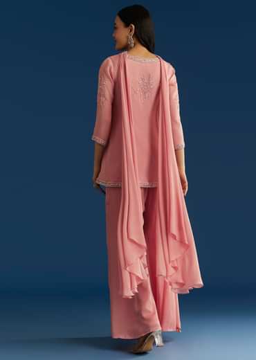 Pink Chinon Kurta Set With Choker Style Dupatta