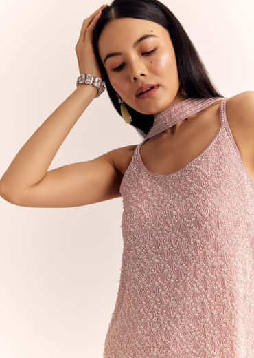 Pink Chinon Kurta Set With Cutdana Moti And Choker Dupatta