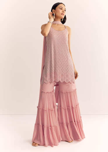 Pink Chinon Kurta Set With Cutdana Moti And Choker Dupatta