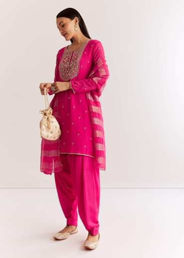 Pink Chinon Kurta Set With Zardosi And Cutdana Dupatta