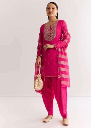 Pink Chinon Kurta Set With Zardosi And Cutdana Dupatta