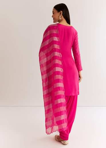 Pink Chinon Kurta Set With Zardosi And Cutdana Dupatta