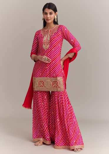 Pink Chinon Leheriya Embroidered Sharara Set
