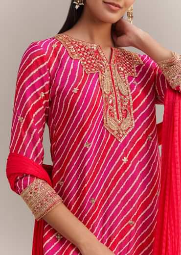 Pink Chinon Leheriya Embroidered Sharara Set