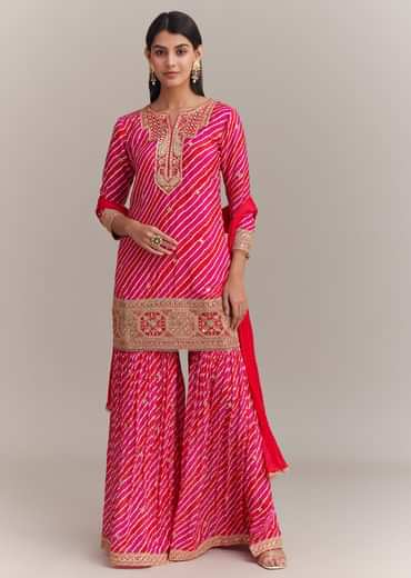 Pink Chinon Leheriya Embroidered Sharara Set