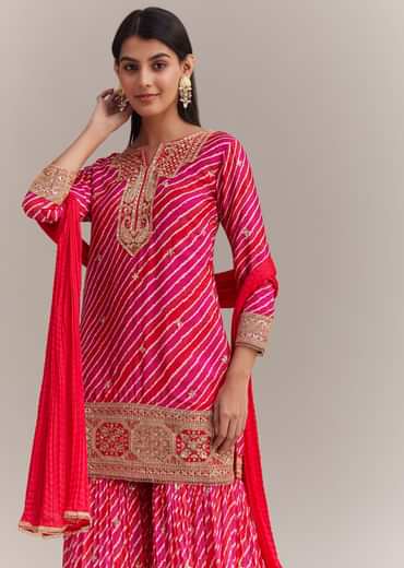 Pink Chinon Leheriya Embroidered Sharara Set