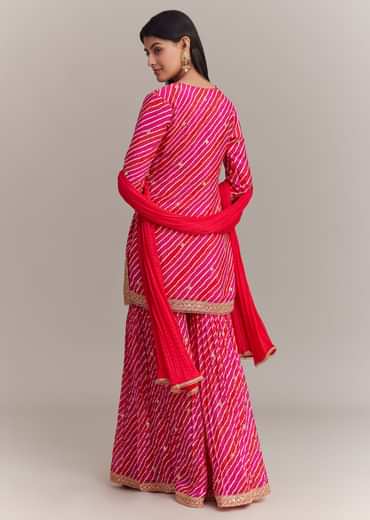 Pink Chinon Leheriya Embroidered Sharara Set