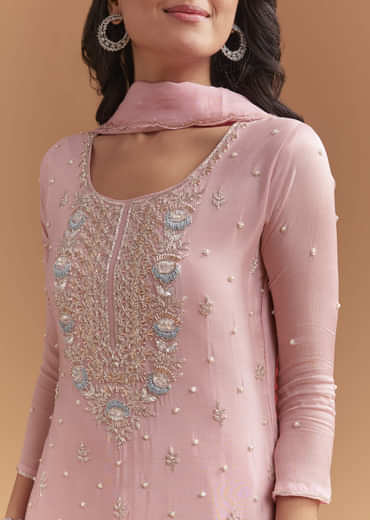 Pink Chinon Palazzo Suit With Cutdana And Sequins Work