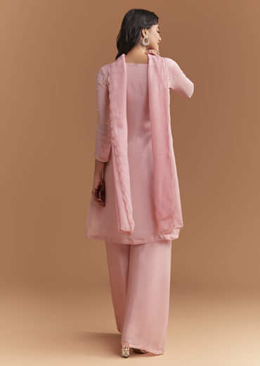 Pink Chinon Palazzo Suit With Cutdana And Sequins Work