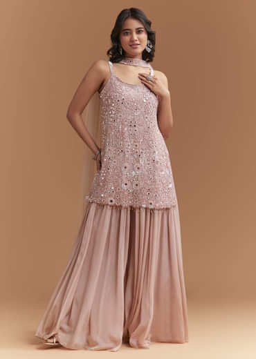 Pink Chinon Palazzo Suit With Intricate Hand Embroidery