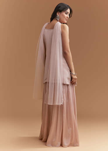 Pink Chinon Palazzo Suit With Intricate Hand Embroidery