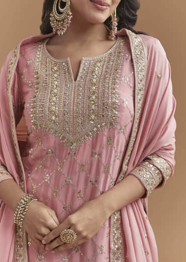Pink Chinon Palazzo Suit With Intricate Hand Work