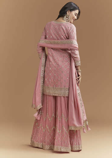 Pink Chinon Palazzo Suit With Intricate Hand Work