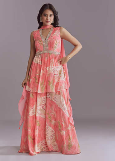 Pink Chinon Palazzo Suit With Printed Motifs