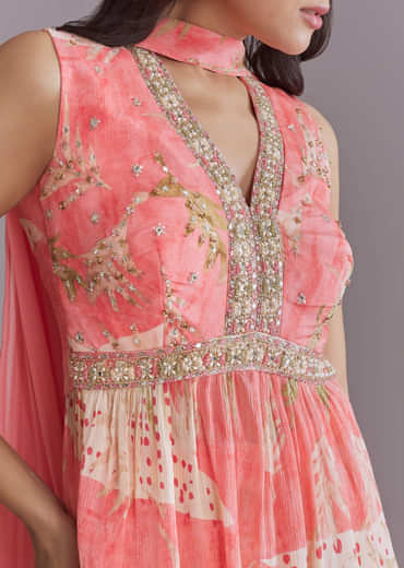 Pink Chinon Palazzo Suit With Printed Motifs
