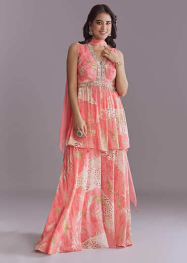 Pink Chinon Palazzo Suit With Printed Motifs