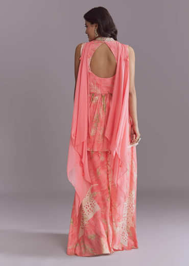 Pink Chinon Palazzo Suit With Printed Motifs