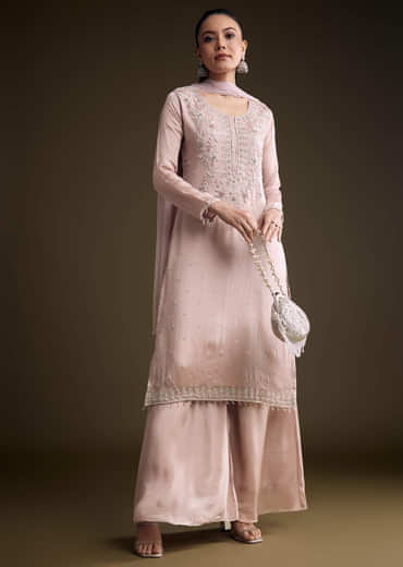 Pink Chinon Palazzo Suit With Zardosi And Cutdana Embroidery