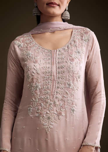 Pink Chinon Palazzo Suit With Zardosi And Cutdana Embroidery