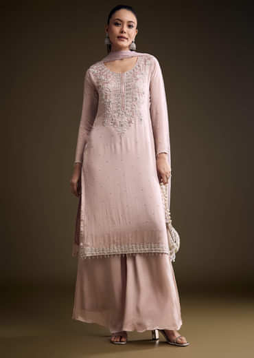 Pink Chinon Palazzo Suit With Zardosi And Cutdana Embroidery