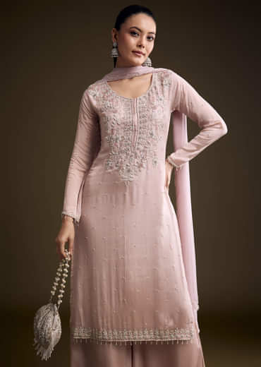 Pink Chinon Palazzo Suit With Zardosi And Cutdana Embroidery