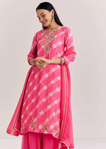 Pink Chinon Palazzo Suit With Zardosi And Thread Work