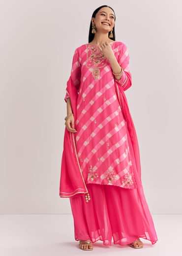 Pink Chinon Palazzo Suit With Zardosi And Thread Work