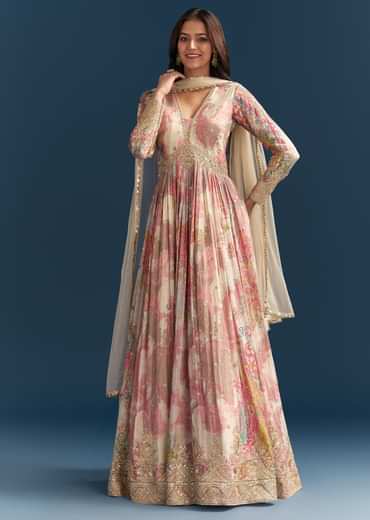 Pink Chinon Printed Anarkali Suit With Festive Flair