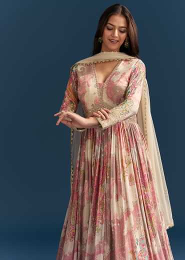 Pink Chinon Printed Anarkali Suit With Festive Flair