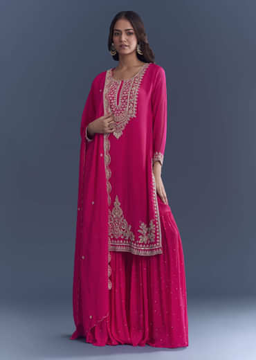 Pink Chinon Sharara Suit With Cutdana And Sequins Embroidery