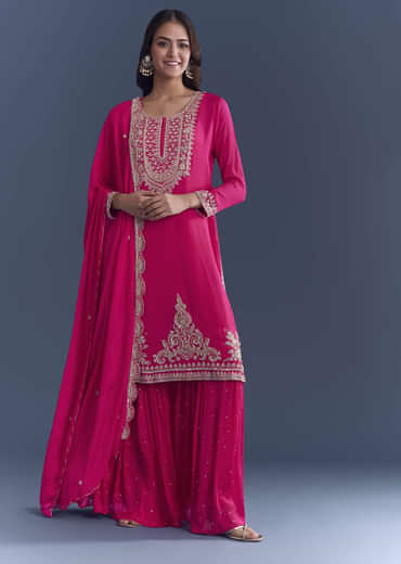 Pink Chinon Sharara Suit With Cutdana And Sequins Embroidery