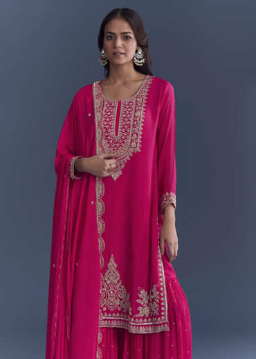 Pink Chinon Sharara Suit With Cutdana And Sequins Embroidery