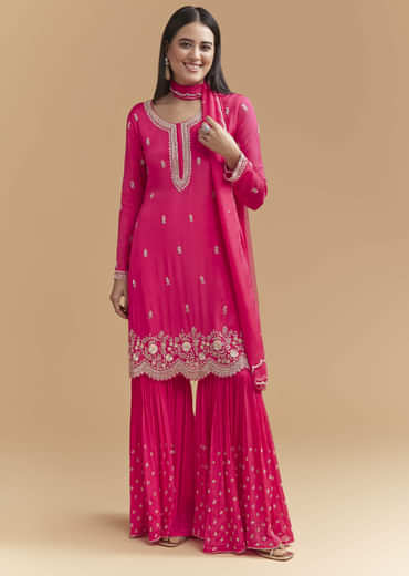 Pink Chinon Sharara Suit With Heavy Hand Embroidery