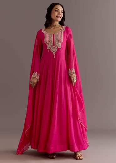 Pink Chinon Thread Sequin Embroidered Anarkali Dupatta Suit