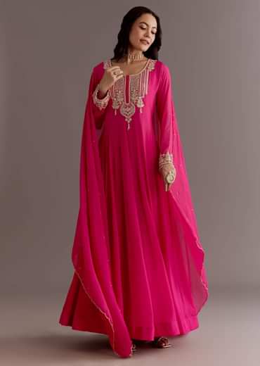 Pink Chinon Thread Sequin Embroidered Anarkali Dupatta Suit