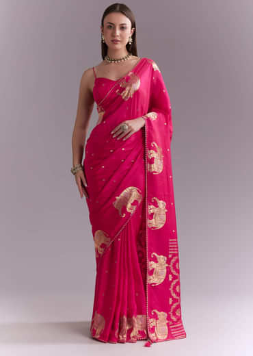 Pink Chinon Woven Saree With Elephant Motifs And Zari Work